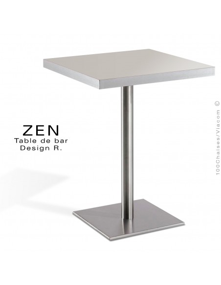 Table pour la restauration et l'hôtellerie ZEN piètement colonne centrale inox, plateau stratifié couleur gris clair