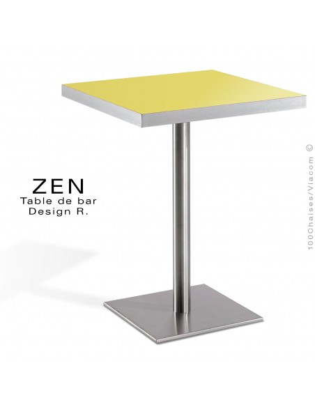 Table pour la restauration et l'hôtellerie ZEN piètement colonne centrale inox, plateau stratifié couleur jaune