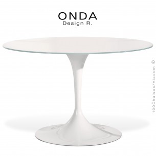 Table design ronde plateau verre teinté blanc ONDA, finition pied peinture blanche