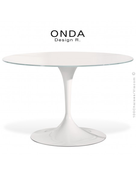 Table design ronde plateau verre teinté blanc ONDA, finition pied peinture blanche