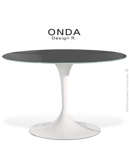 Table design ronde plateau verre teinté noir ONDA, finition pied peinture blanche