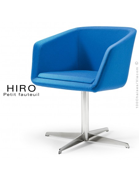Fauteuil design confortable HIRO, pied colonne centrale acier chromé, assise garnie, habillage 100% laine, couleur bleu