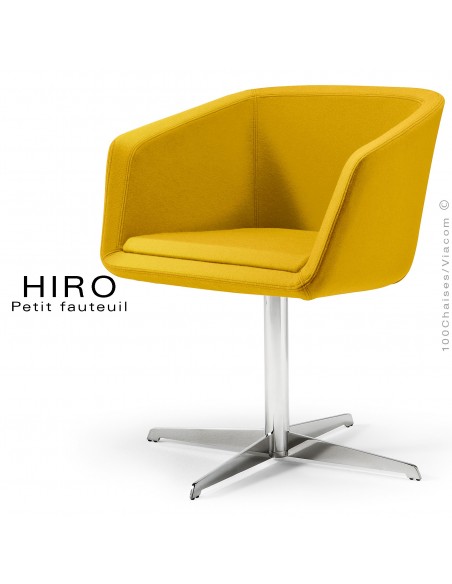 Fauteuil design confortable HIRO, pied colonne centrale acier chromé, assise garnie, habillage 100% laine, couleur jaune