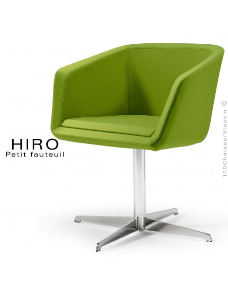 Fauteuil design confortable HIRO, pied colonne centrale acier chromé, assise garnie, habillage 100% laine, couleur vert