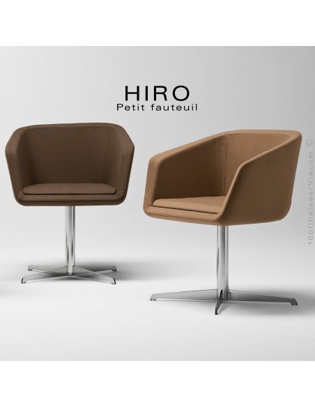Fauteuil design confortable HIRO, pied colonne centrale acier chromé, assise garnie, habillage 100% laine, couleur.