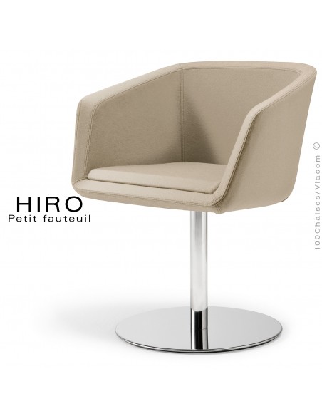 Fauteuil design confortable HIRO, pied colonne centrale acier chromé, assise garnie, habillage 100% laine, couleur crème