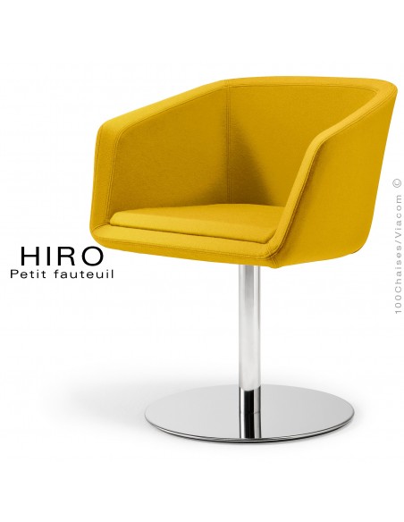Fauteuil design confortable HIRO, pied colonne centrale acier chromé, assise garnie, habillage 100% laine, couleur jaune