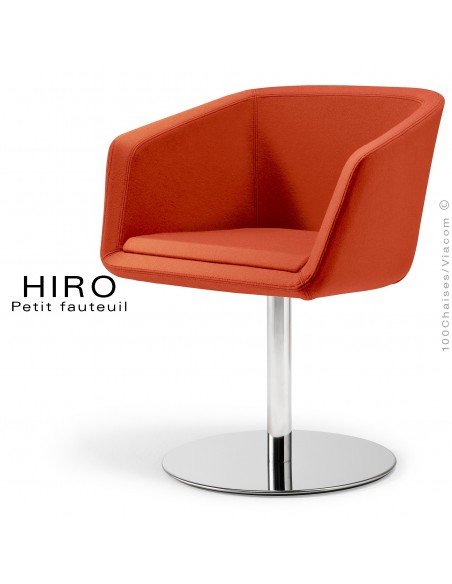 Fauteuil design confortable HIRO, pied colonne centrale acier chromé, assise garnie, habillage 100% laine, couleur rouille