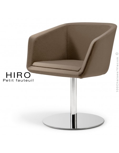 Fauteuil design confortable HIRO, pied colonne centrale acier chromé, assise garnie, habillage 100% laine, couleur taupe