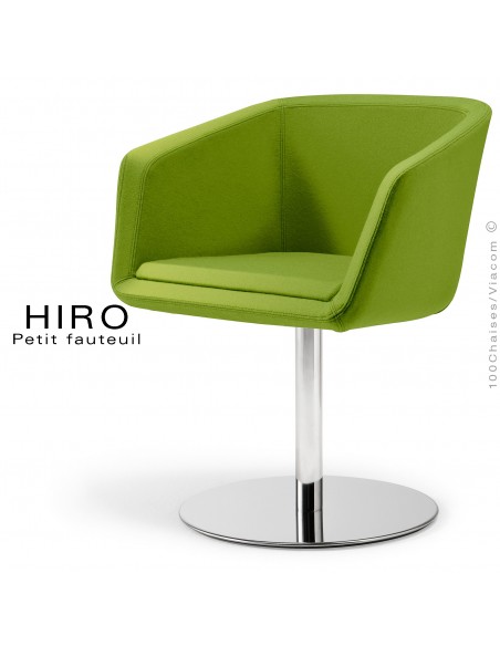 Fauteuil design confortable HIRO, pied colonne centrale acier chromé, assise garnie, habillage 100% laine, couleur vert