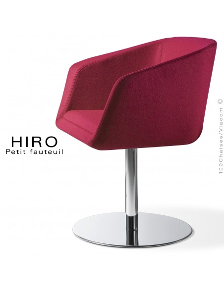 Fauteuil design confortable HIRO, pied colonne centrale acier chromé, assise garnie, habillage 100% laine, couleur violet