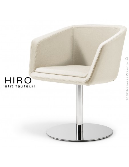 Fauteuil design confortable HIRO, pied colonne centrale acier chromé, assise garnie, habillage 100% laine, couleur blanc