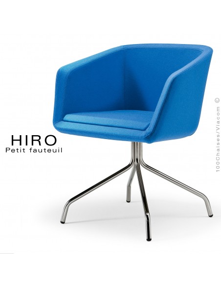Fauteuil design confortable HIRO, pied 4 branches étoile chromé, assise garnie, habillage 100% laine, couleur bleu