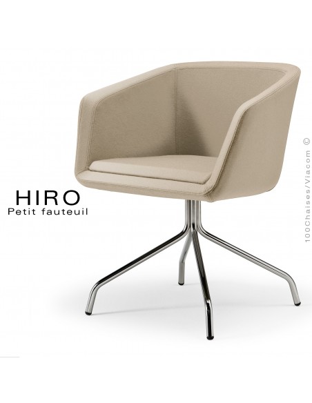Fauteuil design confortable HIRO, pied 4 branches étoile chromé, assise garnie, habillage 100% laine, couleur crème