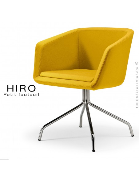 Fauteuil design confortable HIRO, pied 4 branches étoile chromé, assise garnie, habillage 100% laine, couleur jaune