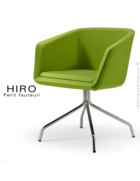 Fauteuil design confortable HIRO, pied 4 branches étoile chromé, assise garnie, habillage 100% laine, couleur vert