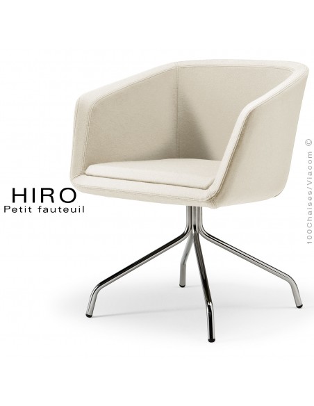 Fauteuil design confortable HIRO, pied 4 branches étoile chromé, assise garnie, habillage 100% laine, couleur blanc