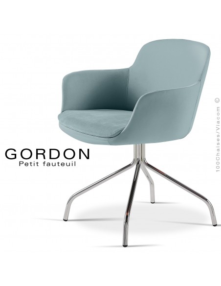 Fauteuil design tendance GORDON, pieds 4 branches acier chromé, assise garnie, habillage laine feutre, couleur bleu clair