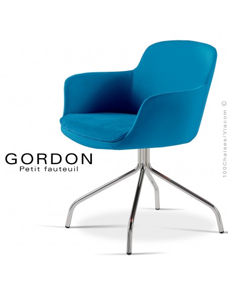 Fauteuil design tendance GORDON, pieds 4 branches acier chromé, assise garnie, habillage laine feutre, couleur bleu