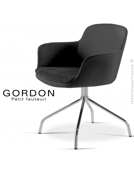 Fauteuil design tendance GORDON, pieds 4 branches acier chromé, assise garnie, habillage laine feutre, couleur noir