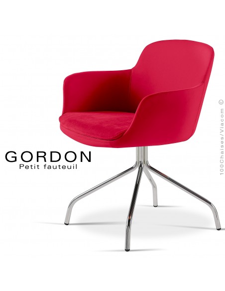 Fauteuil design tendance GORDON, pieds 4 branches acier chromé, assise garnie, habillage laine feutre, couleur rouge