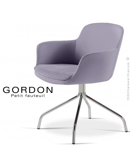 Fauteuil design tendance GORDON, pieds 4 branches acier chromé, assise garnie, habillage laine feutre, couleur lavande
