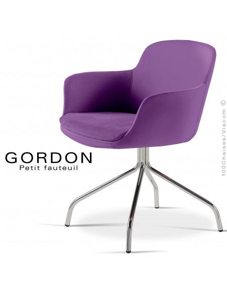 Fauteuil design tendance GORDON, pieds 4 branches acier chromé, assise garnie, habillage laine feutre, couleur violet