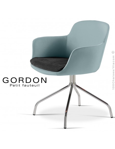 Fauteuil design tendance assise noir GORDON, pieds 4 branches acier chromé, assise garnie, habillage feutre, couleur bleu clair