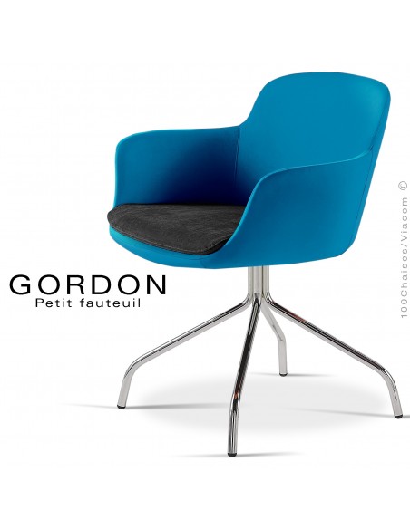 Fauteuil design tendance assise noir GORDON, pieds 4 branches acier chromé, assise garnie, habillage feutre, couleur bleu