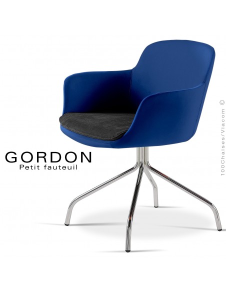 Fauteuil design tendance assise noir GORDON, pieds 4 branches acier chromé, assise garnie, habillage feutre, couleur bleu nuit