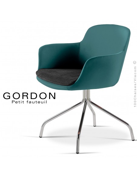 Fauteuil design tendance assise noir GORDON, pieds 4 branches acier chromé, assise garnie, habillage feutre, couleur pétrole