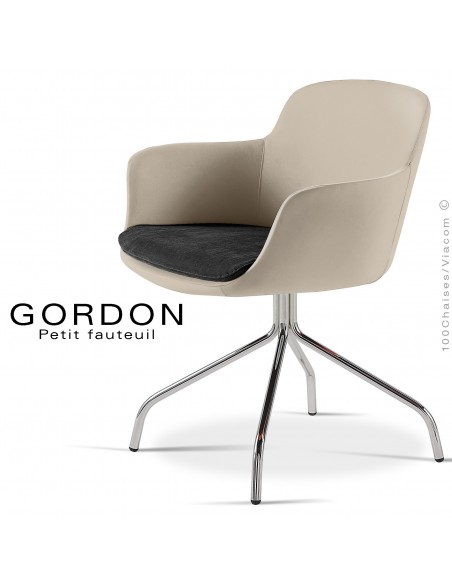 Fauteuil design tendance assise noir GORDON, pieds 4 branches acier chromé, assise garnie, habillage feutre, couleur crème