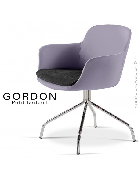 Fauteuil design tendance assise noir GORDON, pieds 4 branches acier chromé, assise garnie, habillage feutre, couleur lavande