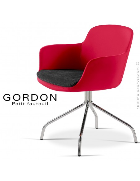 Fauteuil design tendance assise noir GORDON, pieds 4 branches acier chromé, assise garnie, habillage feutre, couleur rouge