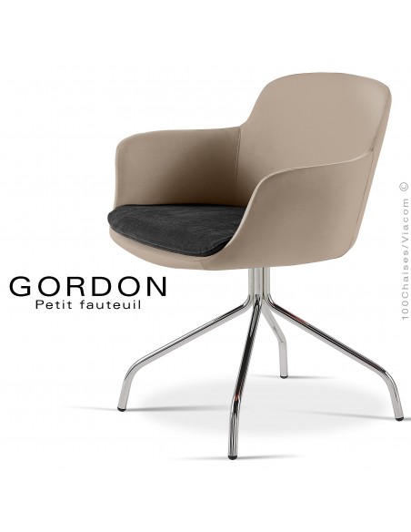 Fauteuil design tendance assise noir GORDON, pieds 4 branches acier chromé, assise garnie, habillage feutre, couleur sable