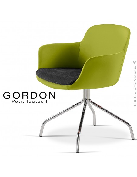 Fauteuil design tendance assise noir GORDON, pieds 4 branches acier chromé, assise garnie, habillage feutre, couleur vert