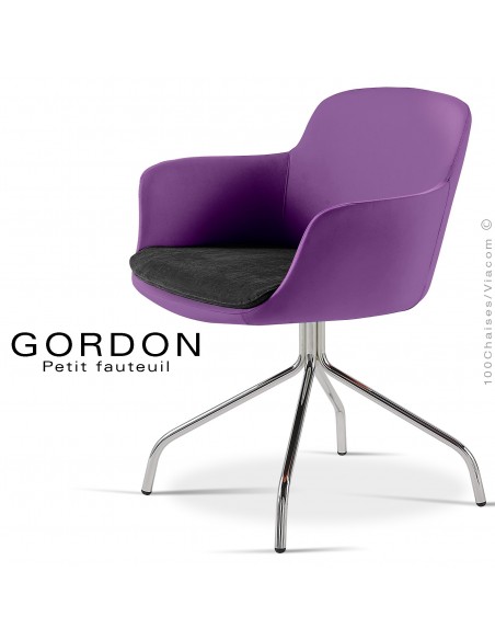 Fauteuil design tendance assise noir GORDON, pieds 4 branches acier chromé, assise garnie, habillage feutre, couleur violet