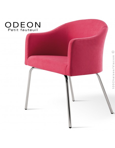 Fauteuil pour hôtellerie ODEON, pieds 4 branches acier chromé, assise garnie, habillage 100% laine type feutre couleur rose