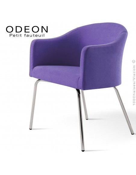 Fauteuil pour hôtellerie ODEON, pieds 4 branches acier chromé, assise garnie, habillage 100% laine type feutre couleur violet