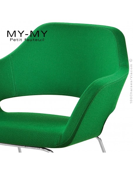 Fauteuil pour hôtellerie MY-MY, pieds luge acier chromé, assise garnie, habillage tissu synthétique vert foncé