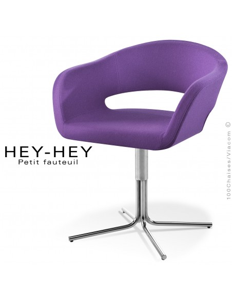 Fauteuil pour hôtellerie HEY-HEY, pied colonne centrale acier chromé, assise garnie, habillage 100% laine type feutre violet