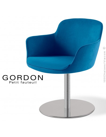 Fauteuil design tendance GORDON, pied colonne centrale acier chromé, assise garnie, habillage 100% laine type feutre bleu