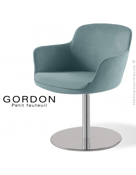Fauteuil design tendance GORDON, pied colonne centrale acier chromé, assise garnie, habillage 100% laine type feutre bleu clair