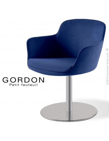 Fauteuil design tendance GORDON, pied colonne centrale acier chromé, assise garnie, habillage 100% laine type feutre bleu marine