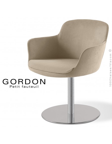 Fauteuil design tendance GORDON, pied colonne centrale acier chromé, assise garnie, habillage 100% laine type feutre crème
