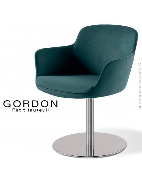 Fauteuil design tendance GORDON, pied colonne centrale acier chromé, assise garnie, habillage 100% laine type feutre pétrole