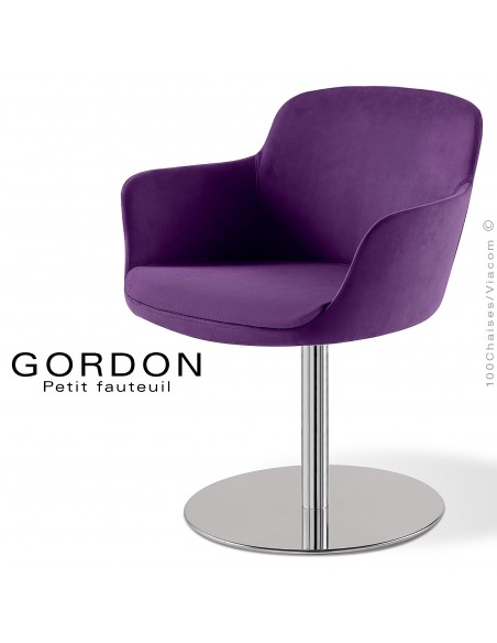 Fauteuil design tendance GORDON, pied colonne centrale acier chromé, assise garnie, habillage 100% laine type feutre prune