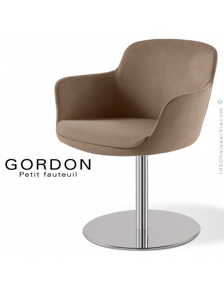 Fauteuil design tendance GORDON, pied colonne centrale acier chromé, assise garnie, habillage 100% laine type feutre sable