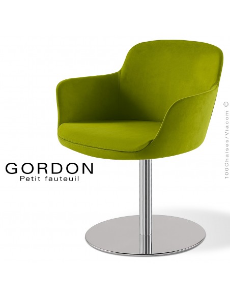 Fauteuil design tendance GORDON, pied colonne centrale acier chromé, assise garnie, habillage 100% laine type feutre vert