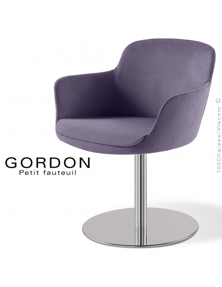 Fauteuil design tendance GORDON, pied colonne centrale acier chromé, assise garnie, habillage 100% laine type feutre violet